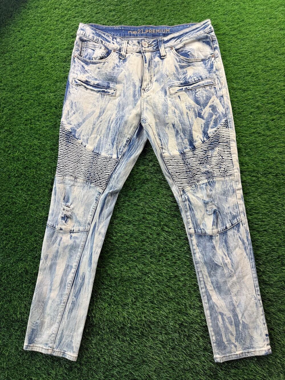 Rue21 Premium Skinny Moto Biker Jeans Mens 34x32 Acid Wash Distressed Stretch